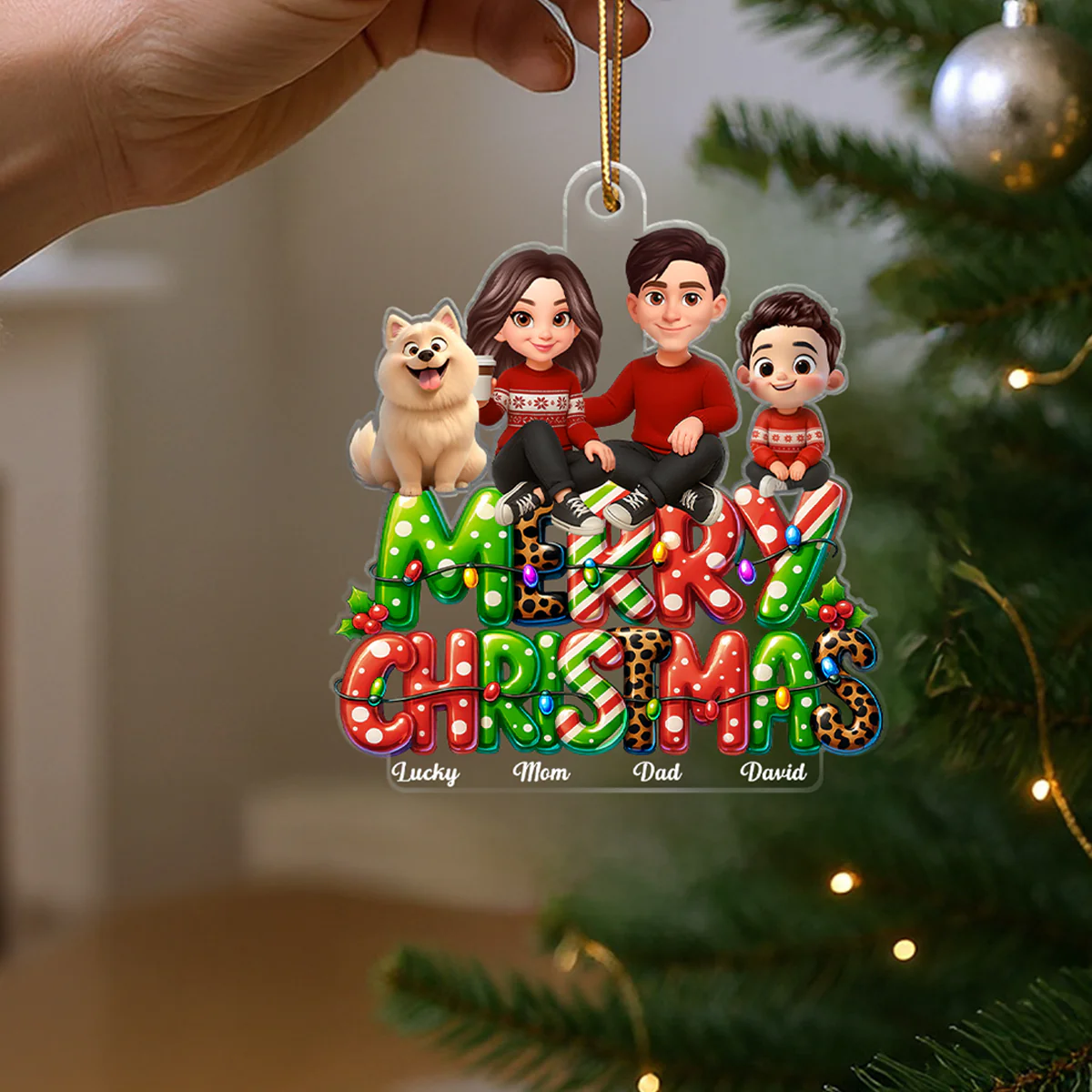 Merry Christmas 2025 Family Sitting on Text Personalized Acrylic Ornament, Christmas Gift for Husband, Wife, Kid - Image 8
