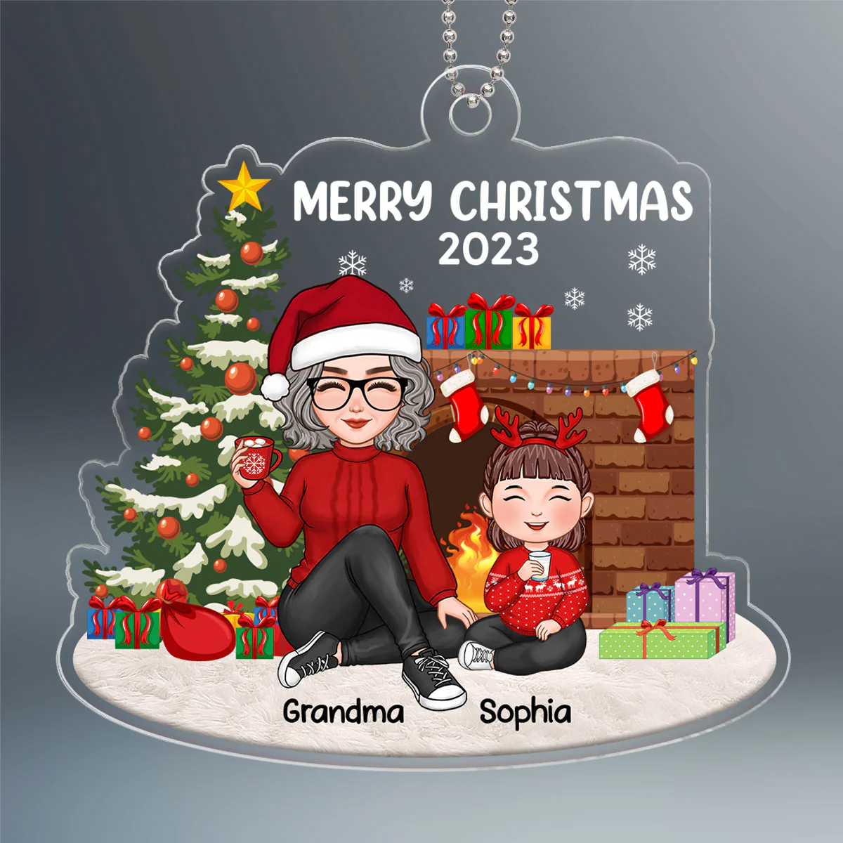 Merry Christmas Cute Grandma & Grandkid Sitting At Fireplace Personalized Acrylic Ornament - Image 2