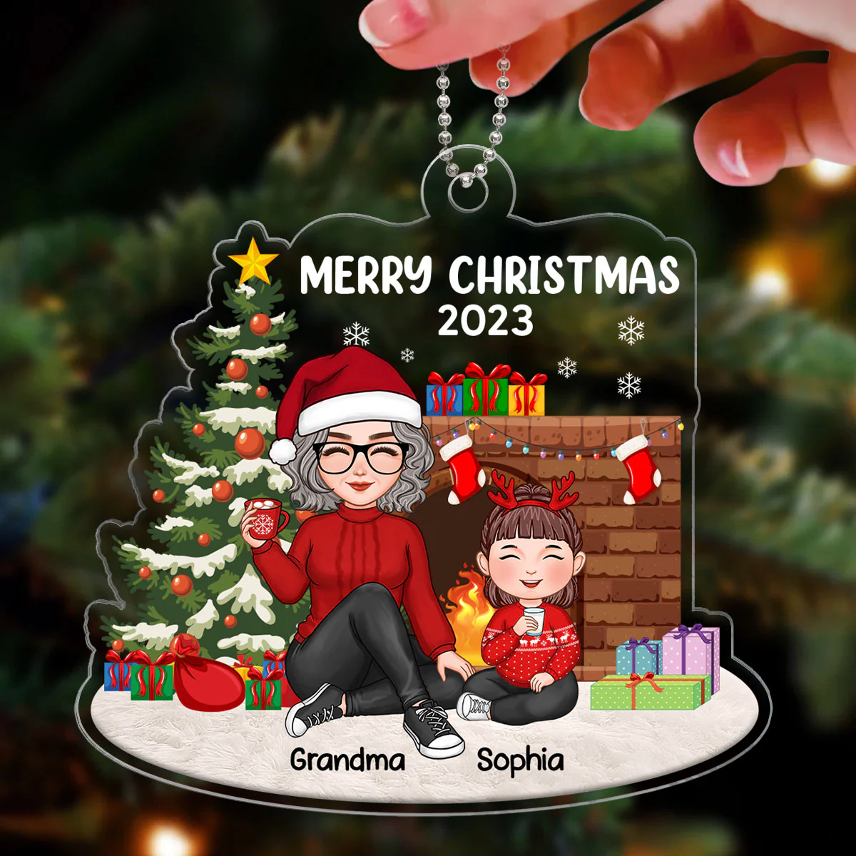 Merry Christmas Cute Grandma & Grandkid Sitting At Fireplace Personalized Acrylic Ornament - Image 3