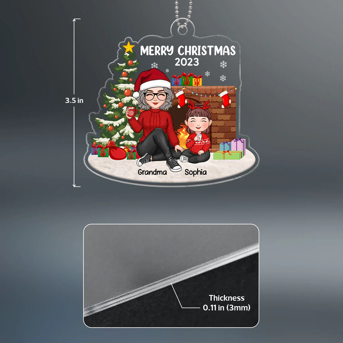 Merry Christmas Cute Grandma & Grandkid Sitting At Fireplace Personalized Acrylic Ornament - Image 4