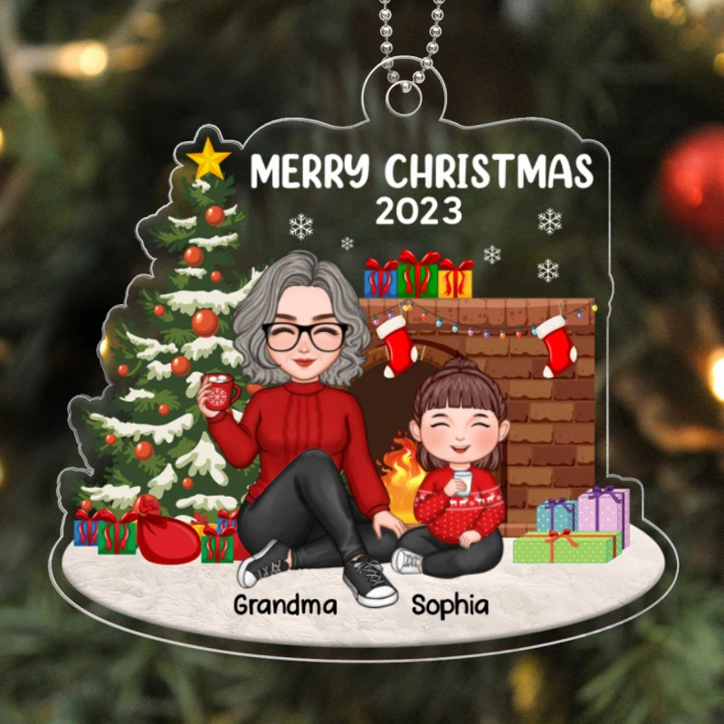 Merry Christmas Cute Grandma & Grandkid Sitting At Fireplace Personalized Acrylic Ornament - Image 5