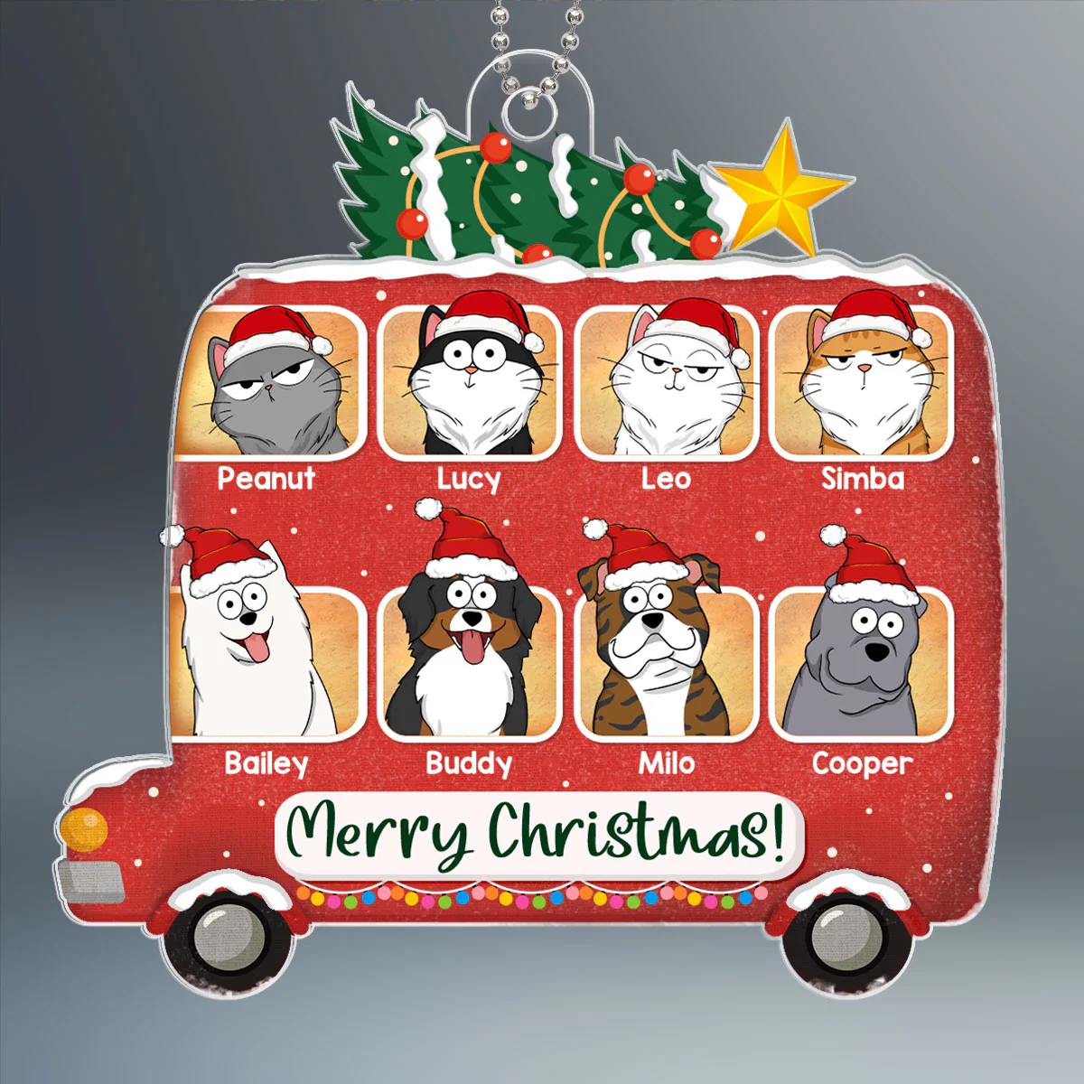 Merry Christmas Dogs Cats Cartoon On Christmas Bus Personalized Acrylic Ornament - Image 2