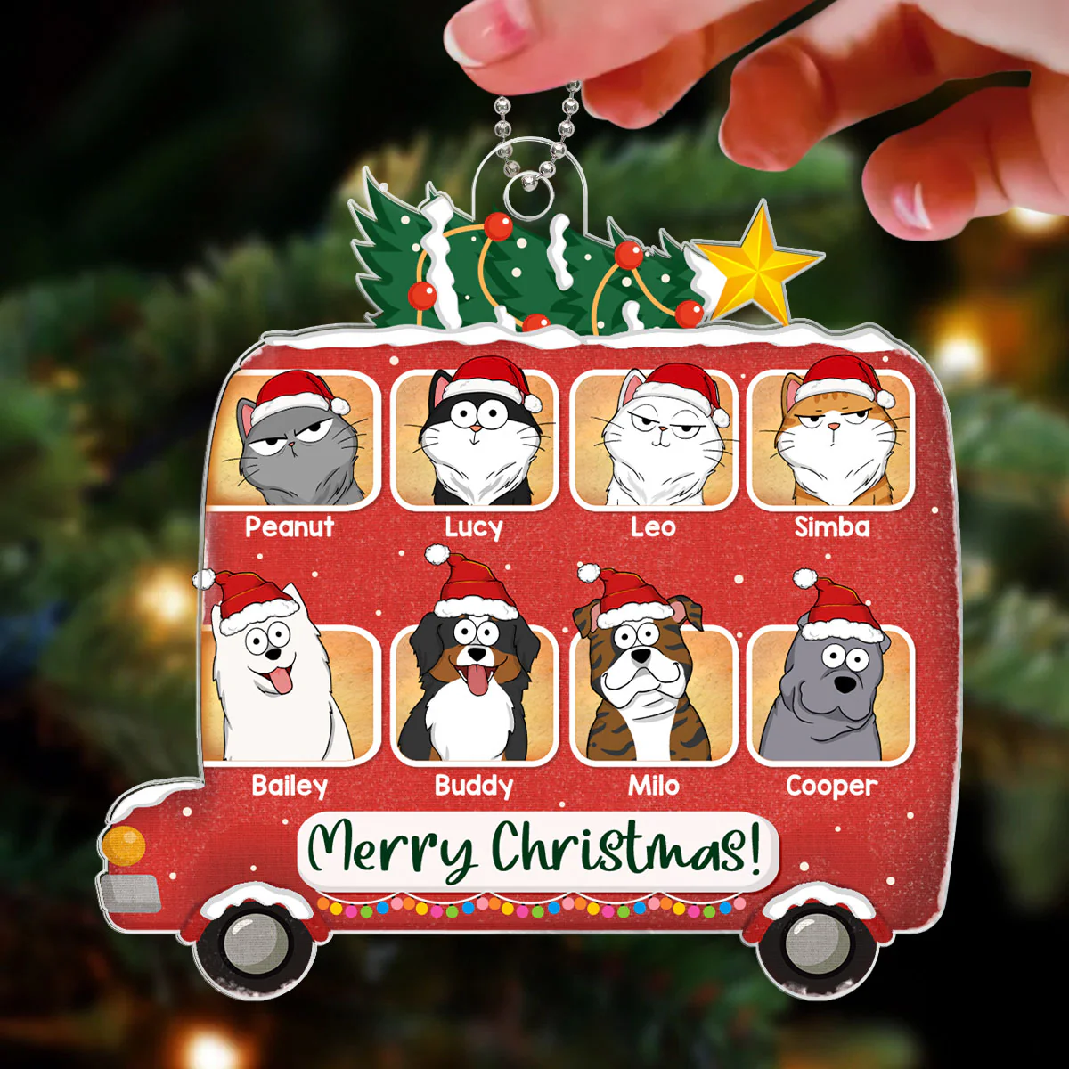 Merry Christmas Dogs Cats Cartoon On Christmas Bus Personalized Acrylic Ornament - Image 3