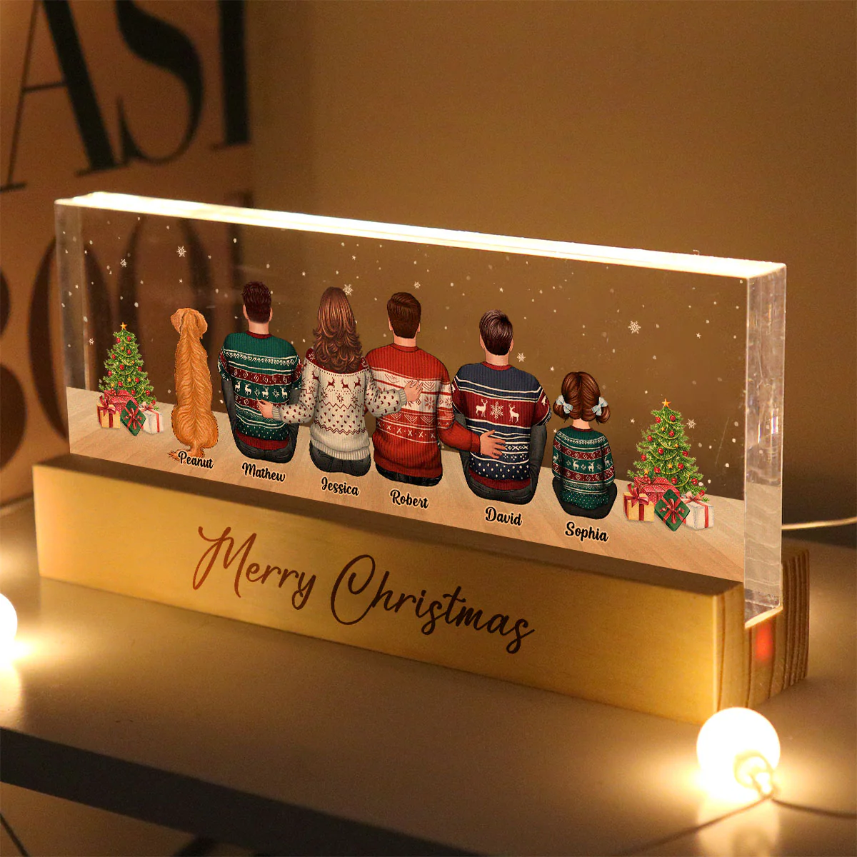 Merry Christmas Family Sitting Personalized Acrylic Block LED Night Light, Custom Family with Pets, Holidays Gift for Husband, Wife - Image 2