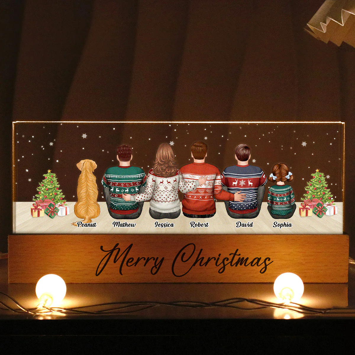 Merry Christmas Family Sitting Personalized Acrylic Block LED Night Light, Custom Family with Pets, Holidays Gift for Husband, Wife - Image 3