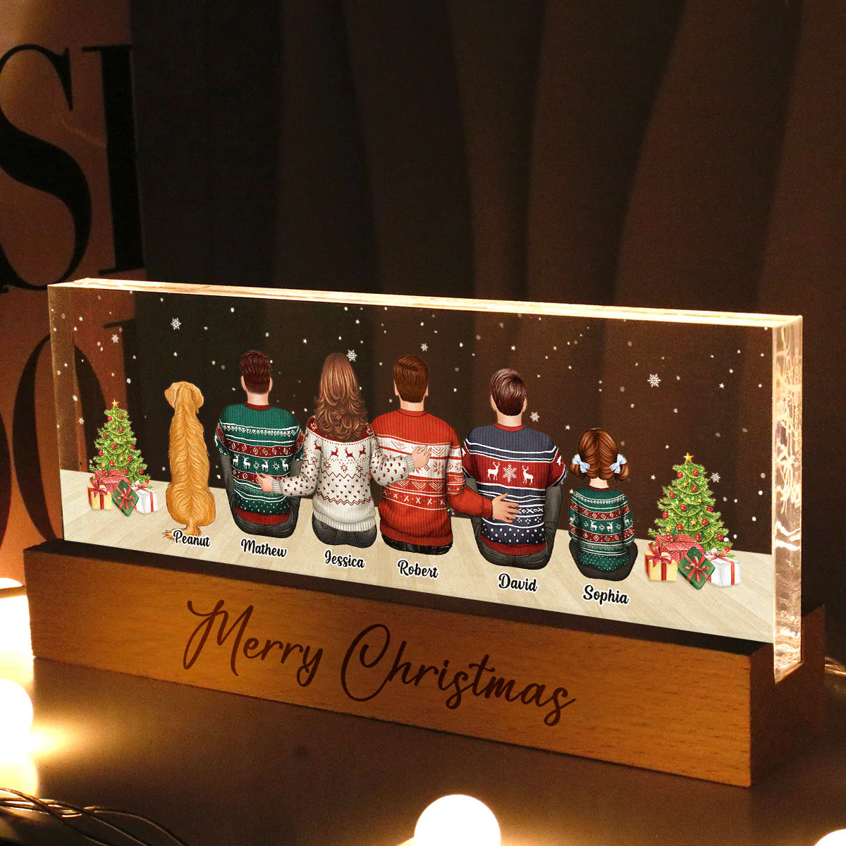 Merry Christmas Family Sitting Personalized Acrylic Block LED Night Light, Custom Family with Pets, Holidays Gift for Husband, Wife - Image 4