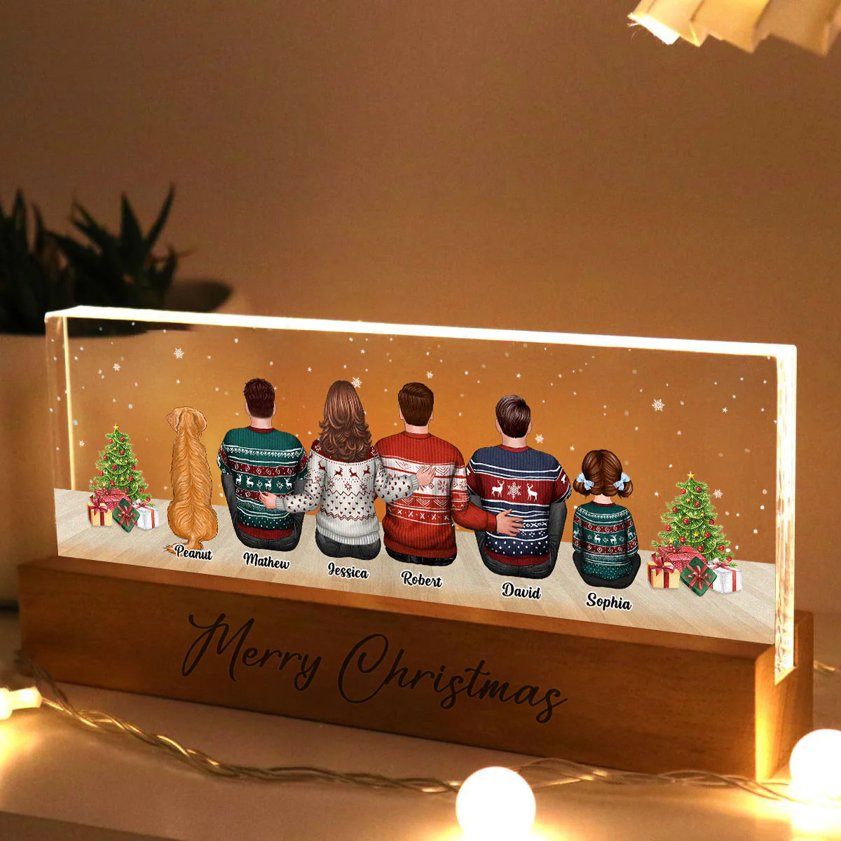 Merry Christmas Family Sitting Personalized Acrylic Block LED Night Light, Custom Family with Pets, Holidays Gift for Husband, Wife - Image 5
