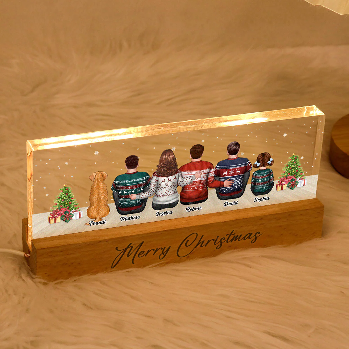 Merry Christmas Family Sitting Personalized Acrylic Block LED Night Light, Custom Family with Pets, Holidays Gift for Husband, Wife - Image 6