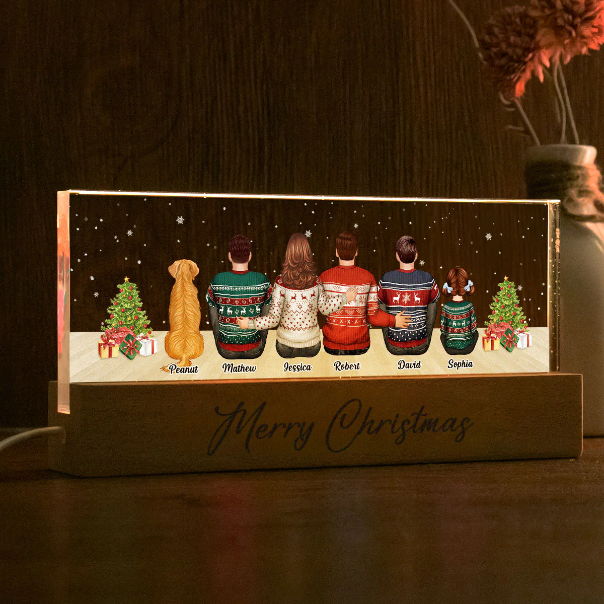 Merry Christmas Family Sitting Personalized Acrylic Block LED Night Light, Custom Family with Pets, Holidays Gift for Husband, Wife - Image 7