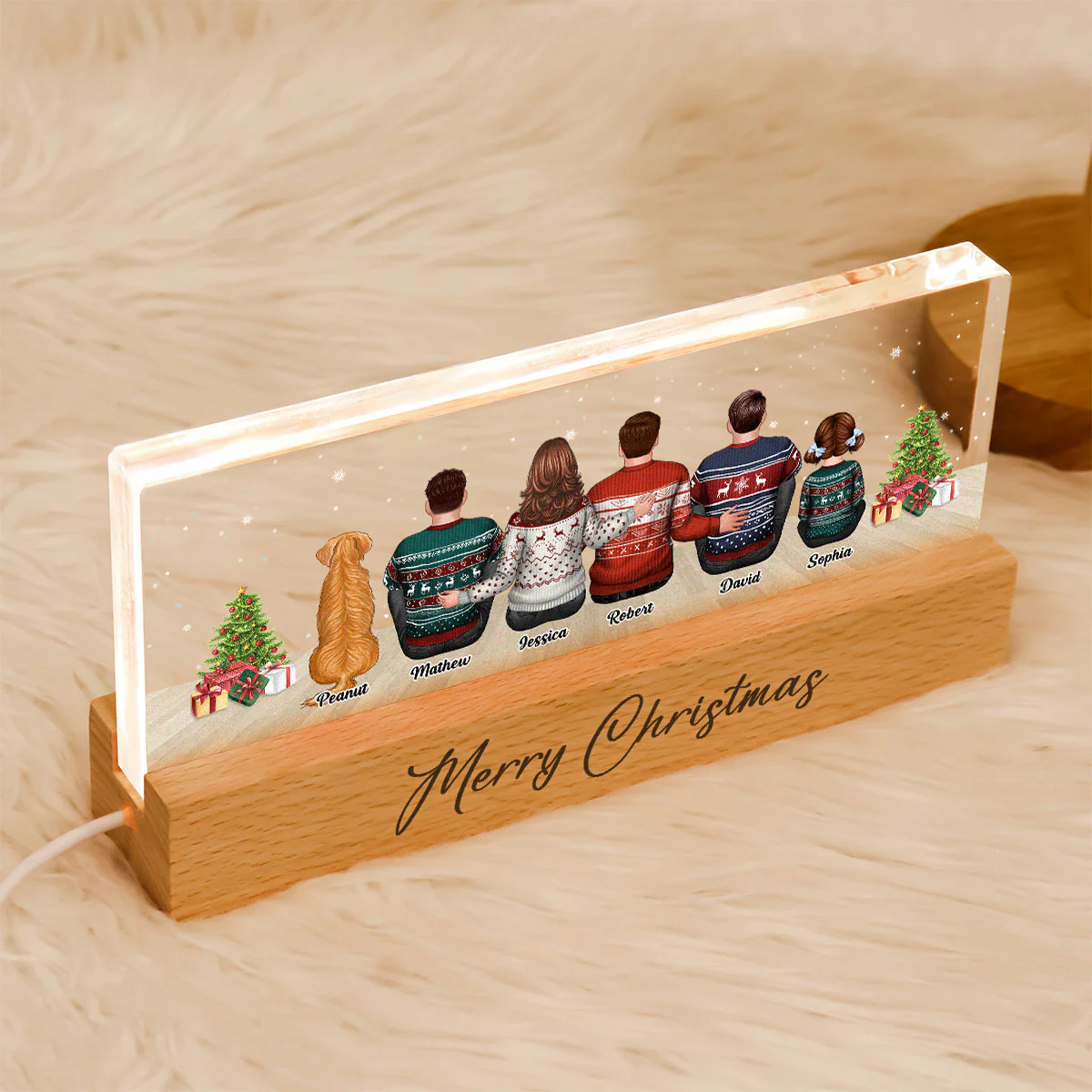 Merry Christmas Family Sitting Personalized Acrylic Block LED Night Light, Custom Family with Pets, Holidays Gift for Husband, Wife - Image 8