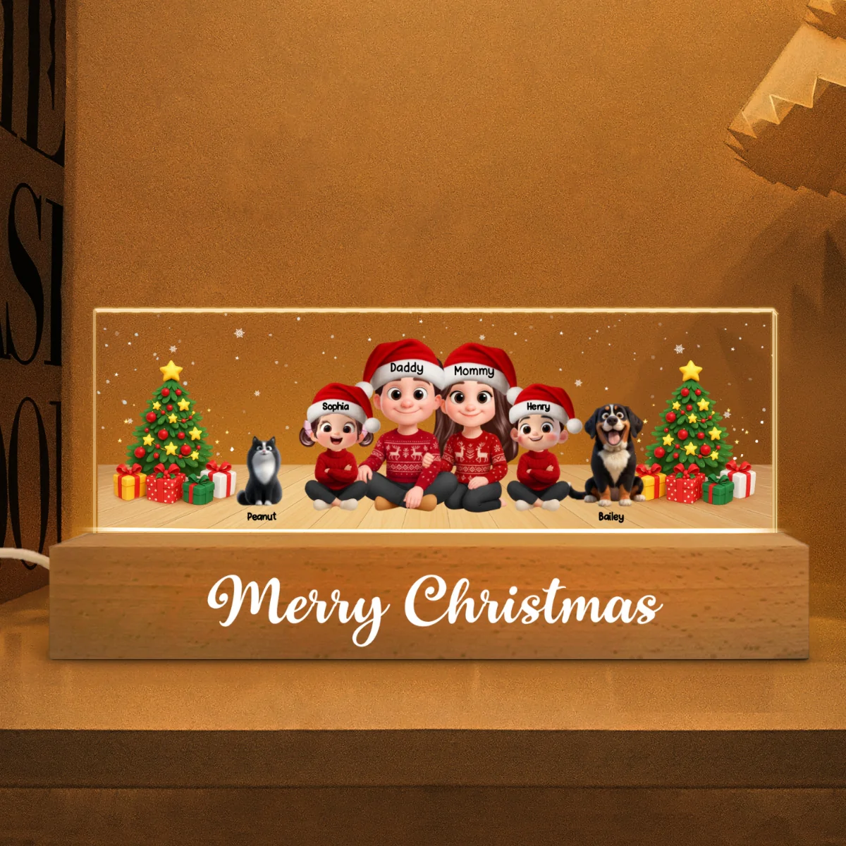 Merry Christmas Family Sitting - Personalized Acrylic Block LED Night Light - Custom Family with Pets, Holidays Gift for Husband, Wife - Image 11