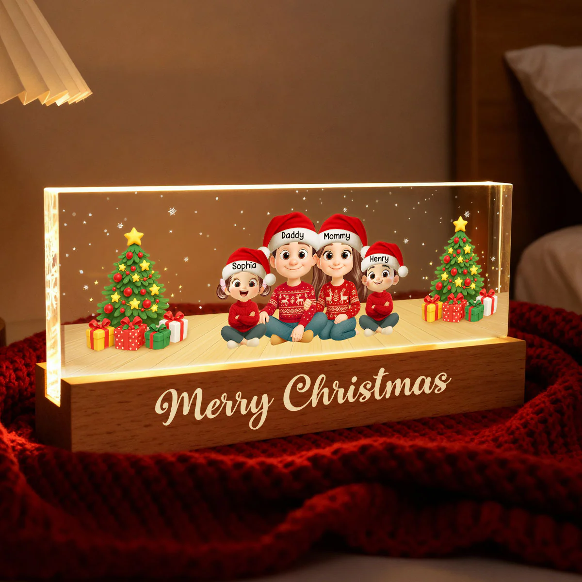 Merry Christmas Family Sitting - Personalized Acrylic Block LED Night Light - Custom Family with Pets, Holidays Gift for Husband, Wife - Image 5