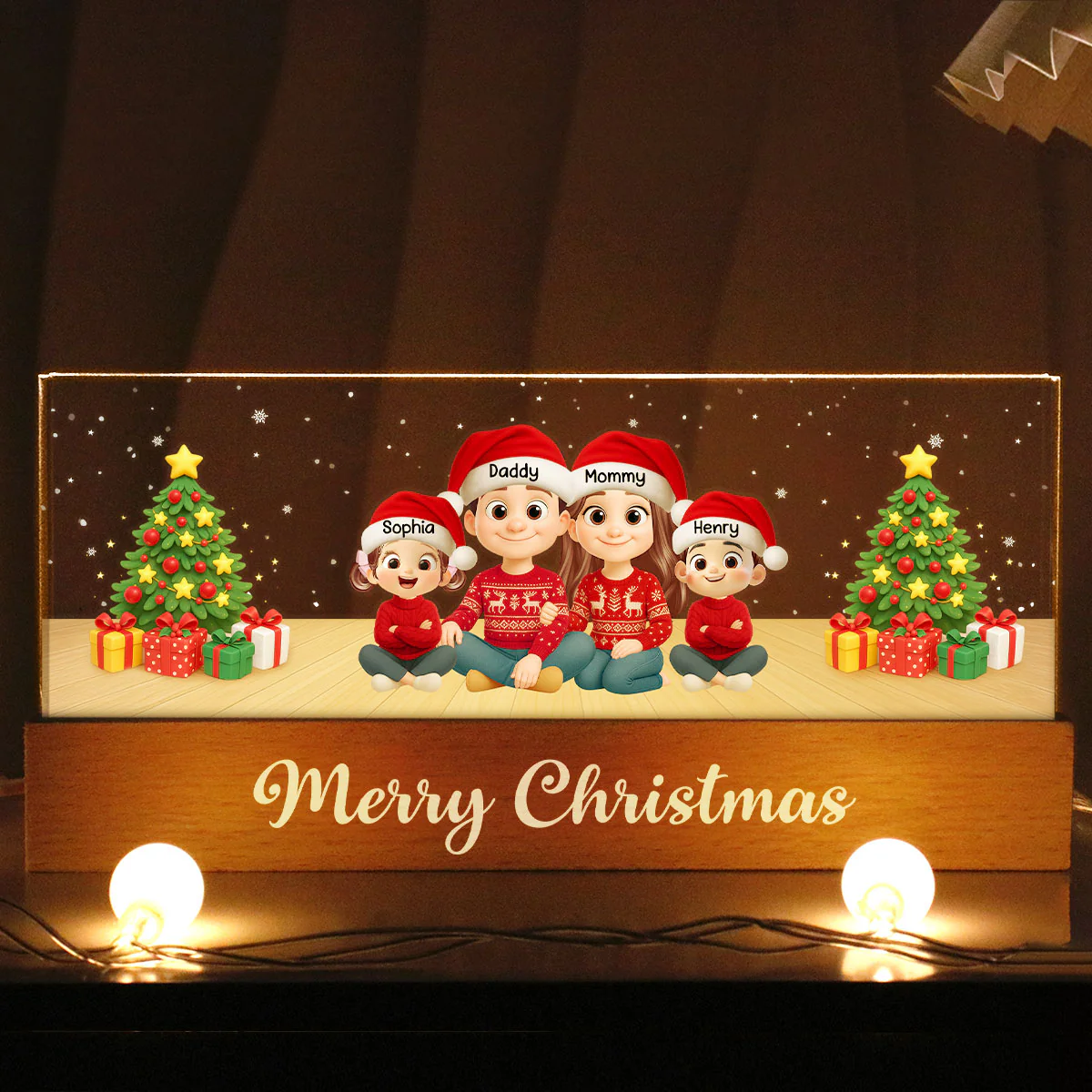 Merry Christmas Family Sitting - Personalized Acrylic Block LED Night Light - Custom Family with Pets, Holidays Gift for Husband, Wife - Image 6