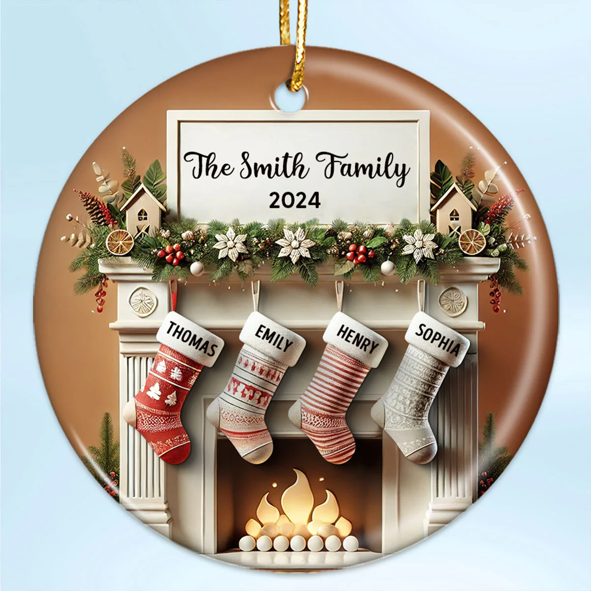 Merry Christmas Festive Fireplace Family Christmas Stockings On Mantel 3D Effect Personalized Ceramic Ornament - Image 2