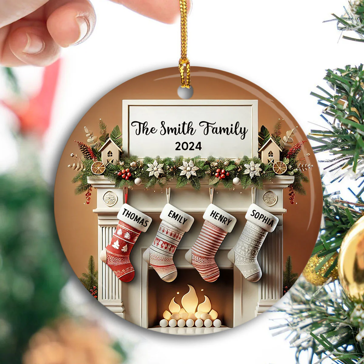 Merry Christmas Festive Fireplace Family Christmas Stockings On Mantel 3D Effect Personalized Ceramic Ornament - Image 3