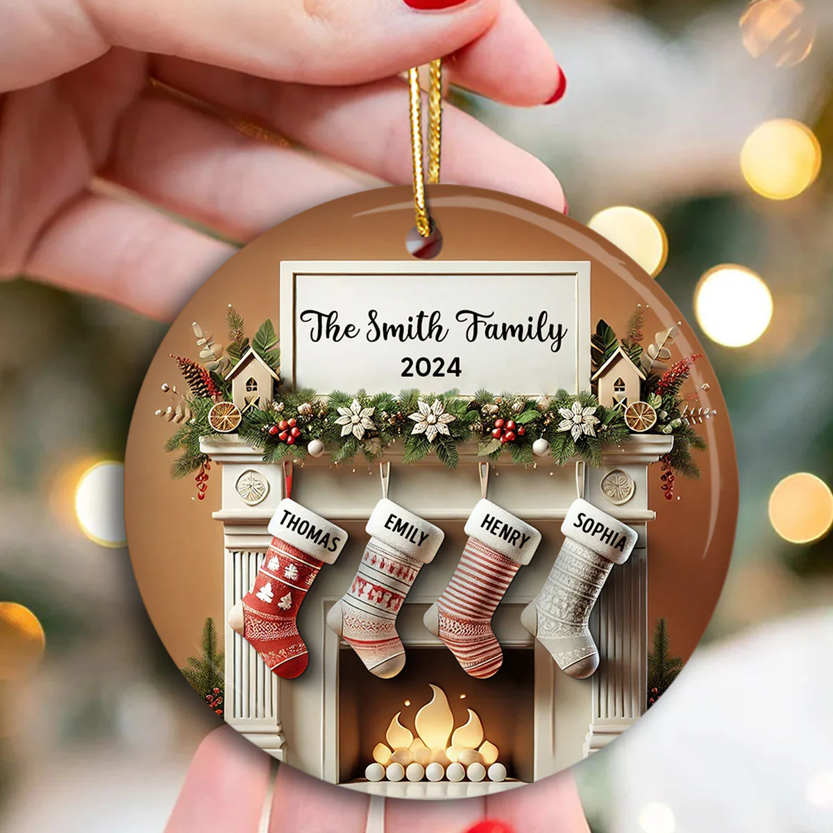 Merry Christmas Festive Fireplace Family Christmas Stockings On Mantel 3D Effect Personalized Ceramic Ornament - Image 4