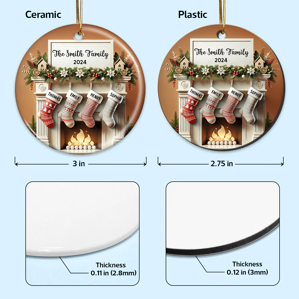 Merry Christmas Festive Fireplace Family Christmas Stockings On Mantel 3D Effect Personalized Ceramic Ornament - Image 5