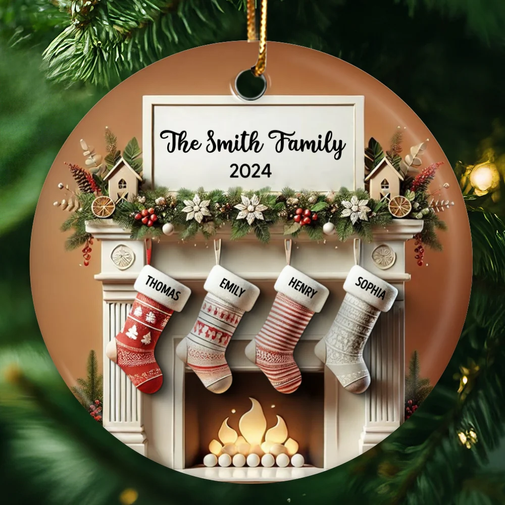 Merry Christmas Festive Fireplace Family Christmas Stockings On Mantel 3D Effect Personalized Ceramic Ornament - Image 7