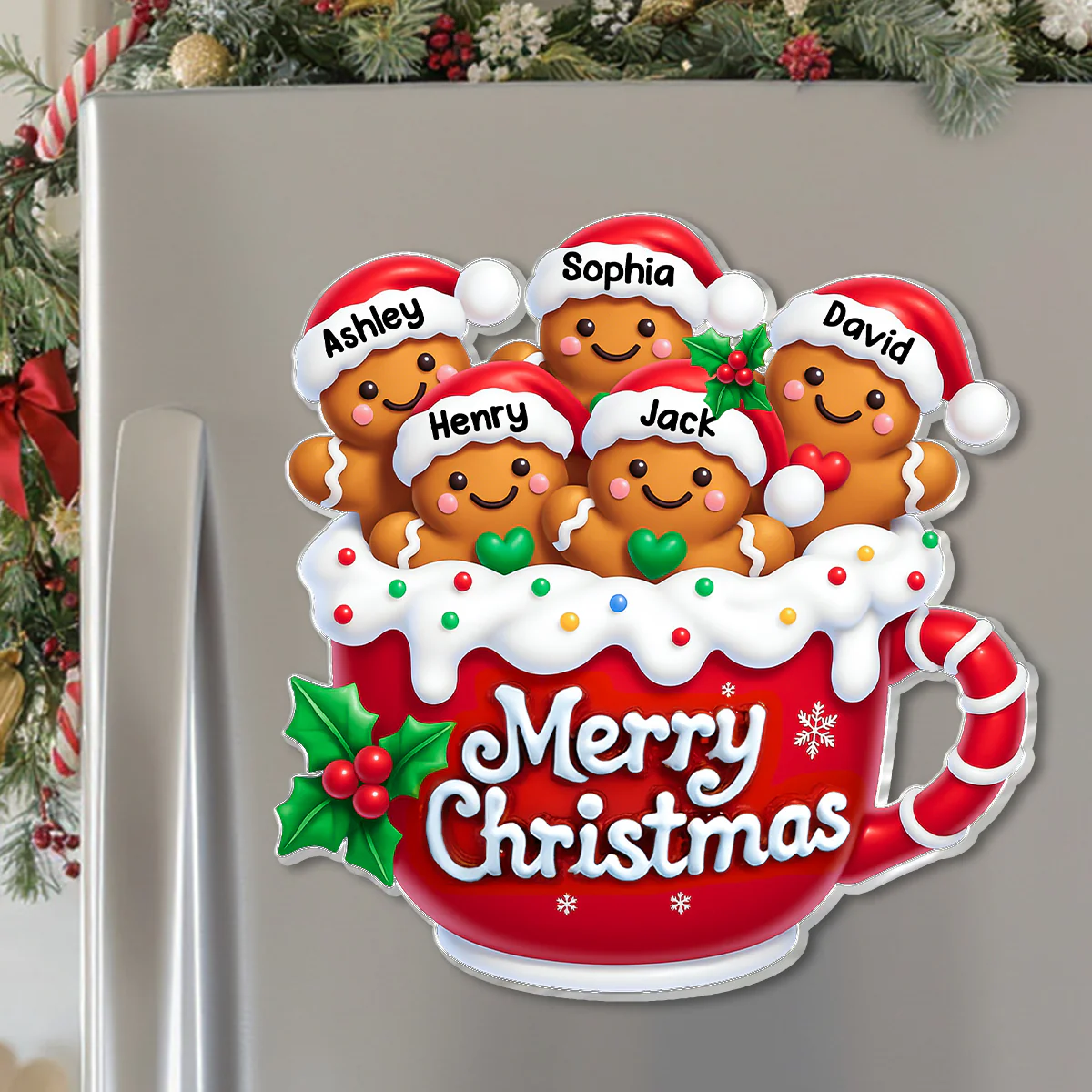 Merry Christmas Gingerbread Family Personalized Acrylic Fridge Magnet - Image 2
