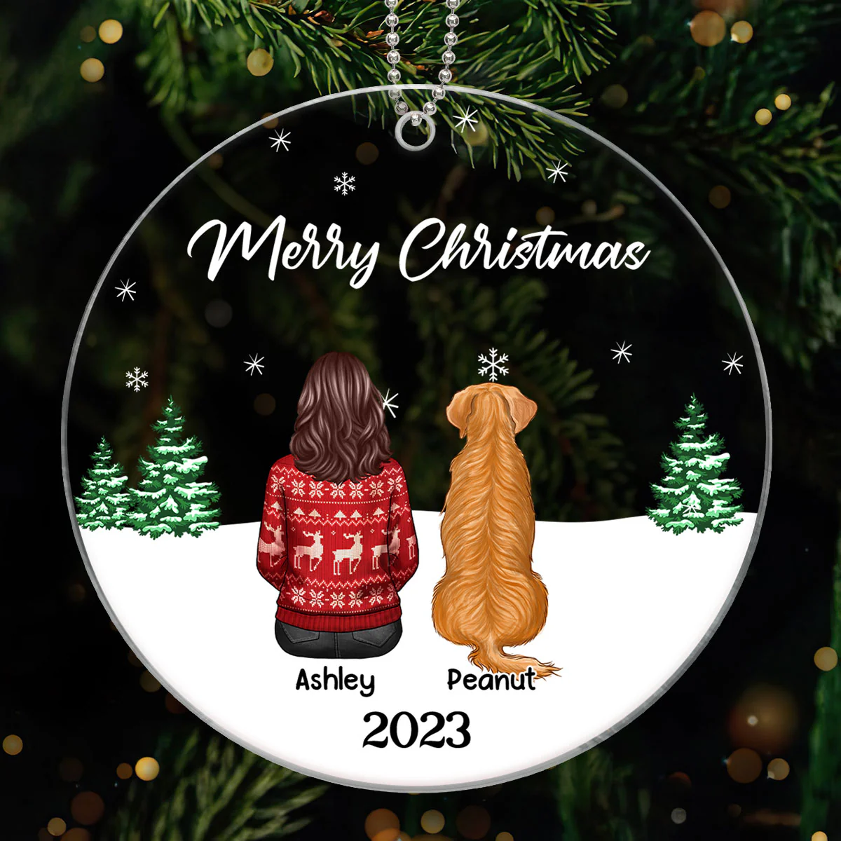 Merry Christmas Man Woman Couple & Dogs Cats Personalized Circle Acrylic Ornament - Image 4