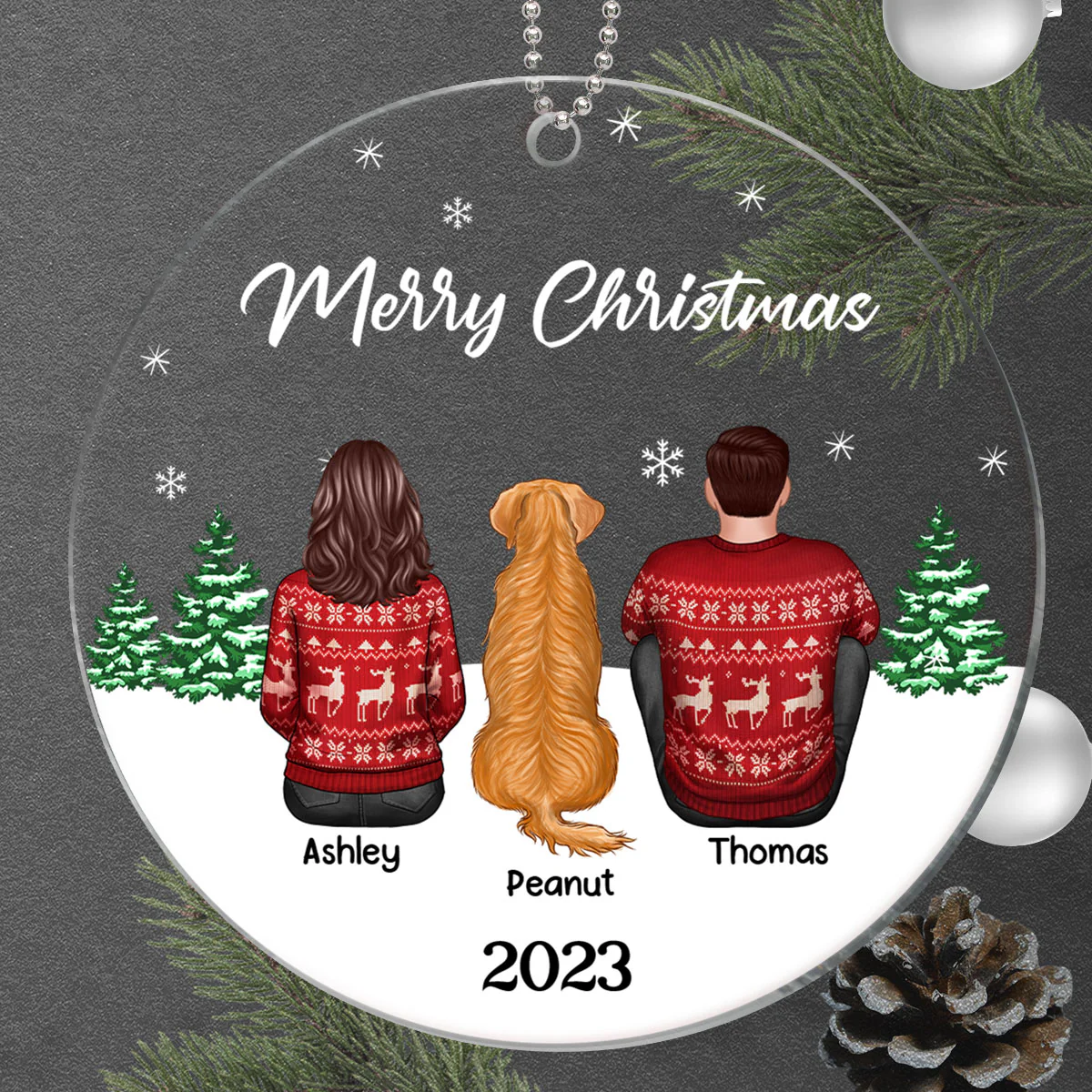 Merry Christmas Man Woman Couple & Dogs Cats Personalized Circle Acrylic Ornament - Image 5