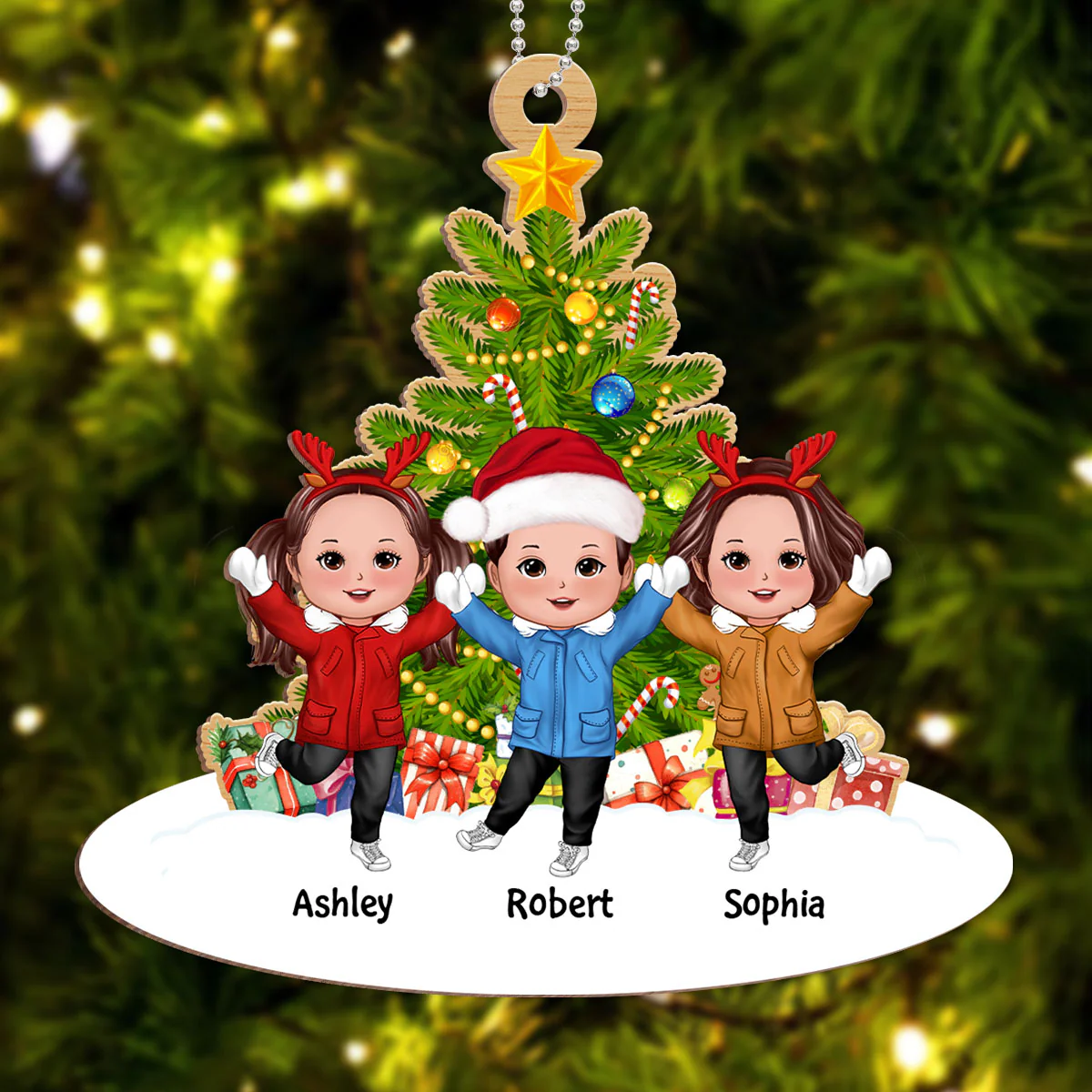 Merry Christmas Our Grandkids Happy Doll Kids In Snow Under Tree Personalized Wooden Ornament - Image 2