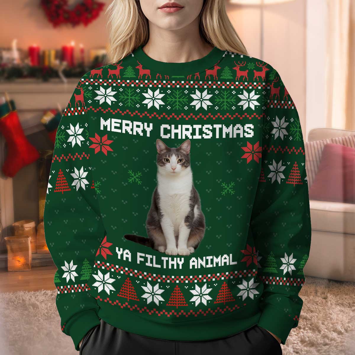 Merry Christmas Ya Filthy Animal Photo Inserted Personalized Faux Knit Ugly Sweater - Image 2
