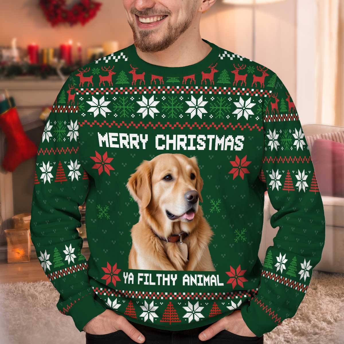 Merry Christmas Ya Filthy Animal Photo Inserted Personalized Faux Knit Ugly Sweater - Image 3