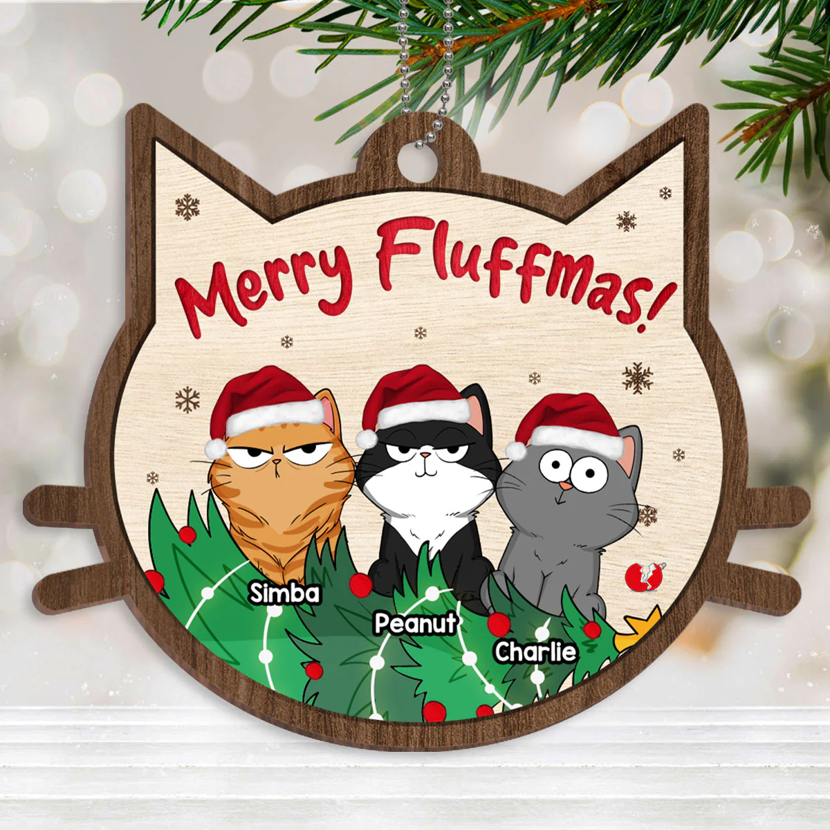 Merry Fluffmas Funny Cats Expression Personalized Wooden Ornament - Image 3