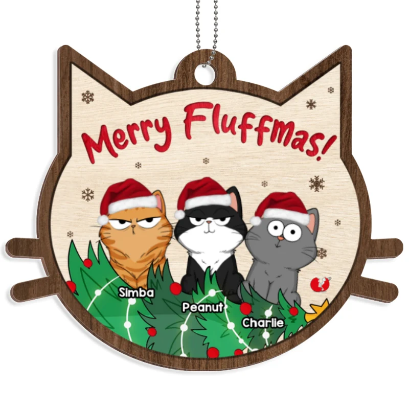 Merry Fluffmas Funny Cats Expression Personalized Wooden Ornament - Image 4