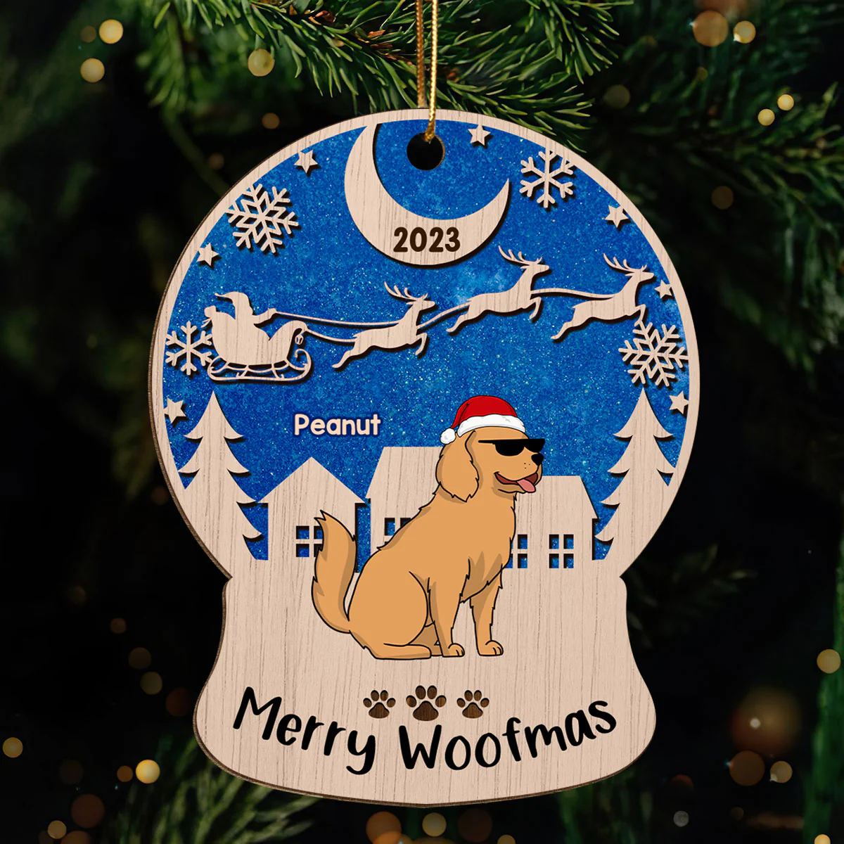 Merry Woofmas Blue Galaxy Sky Night Funny Cartoon Dogs Personalized Wooden Ornament - Image 2