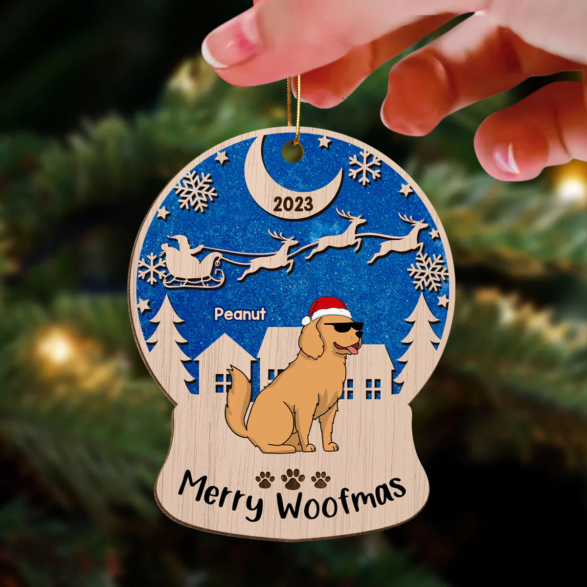 Merry Woofmas Blue Galaxy Sky Night Funny Cartoon Dogs Personalized Wooden Ornament - Image 3