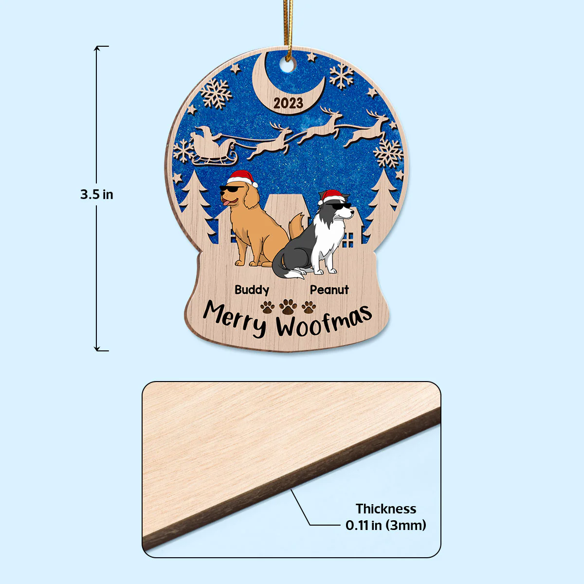 Merry Woofmas Blue Galaxy Sky Night Funny Cartoon Dogs Personalized Wooden Ornament - Image 4