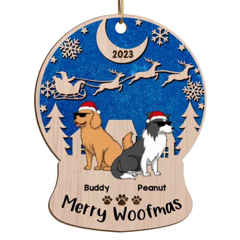 Merry Woofmas Blue Galaxy Sky Night Funny Cartoon Dogs Personalized Wooden Ornament - Image 5