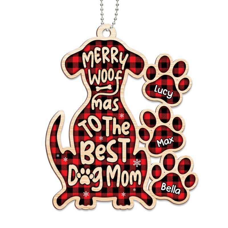 Merry Woofmas Dog Paw Checkered Personalized Wooden Ornament