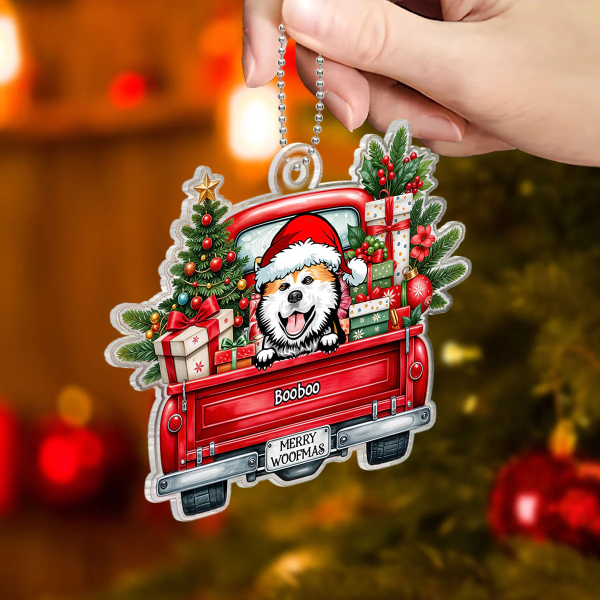 Merry Woofmas Dogs On Truck Personalized Acrylic Ornament, Christmas Gift For Dog Mom Dog Dad - Image 3