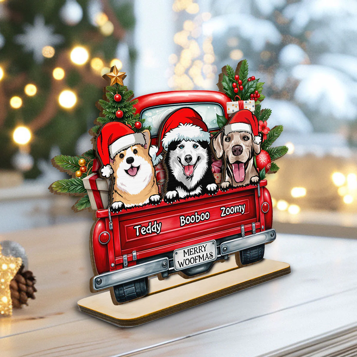 Merry Woofmas Dogs On Truck Personalized Standing Wooden Plaque, Christmas Gift For Dog Mom Dog Dad - Image 4