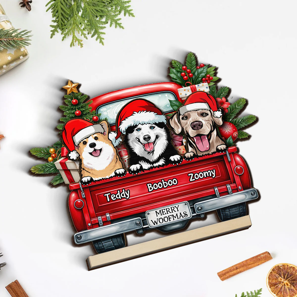 Merry Woofmas Dogs On Truck Personalized Standing Wooden Plaque, Christmas Gift For Dog Mom Dog Dad - Image 6