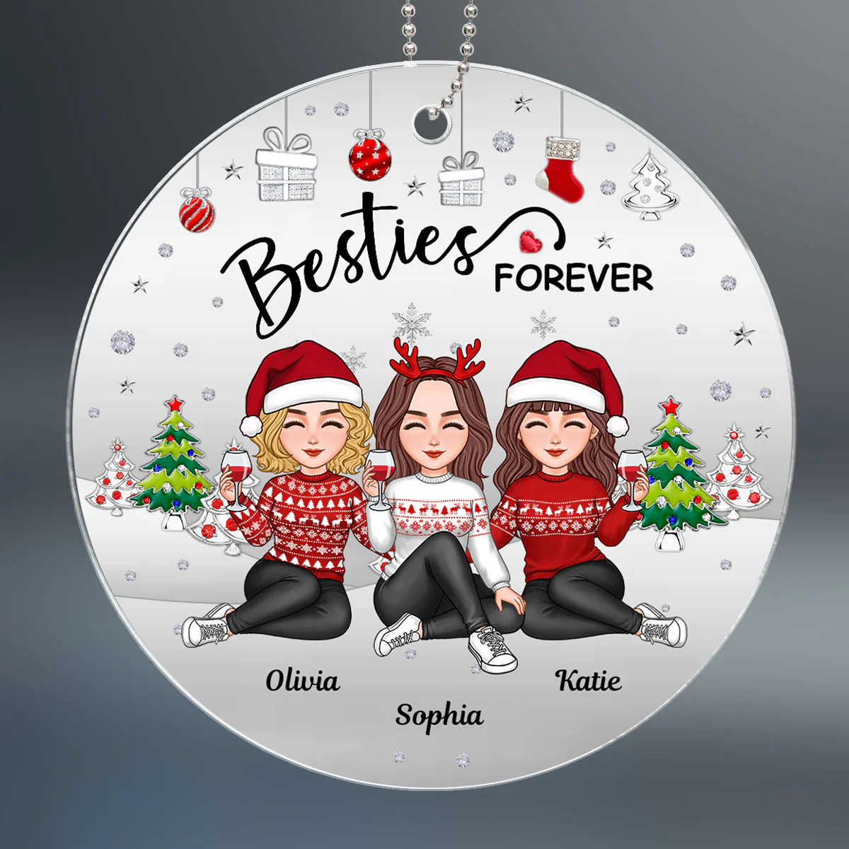 Metal Texture Besties Sisters Sitting Together Christmas Gift Personalized Acrylic Ornament - Image 2