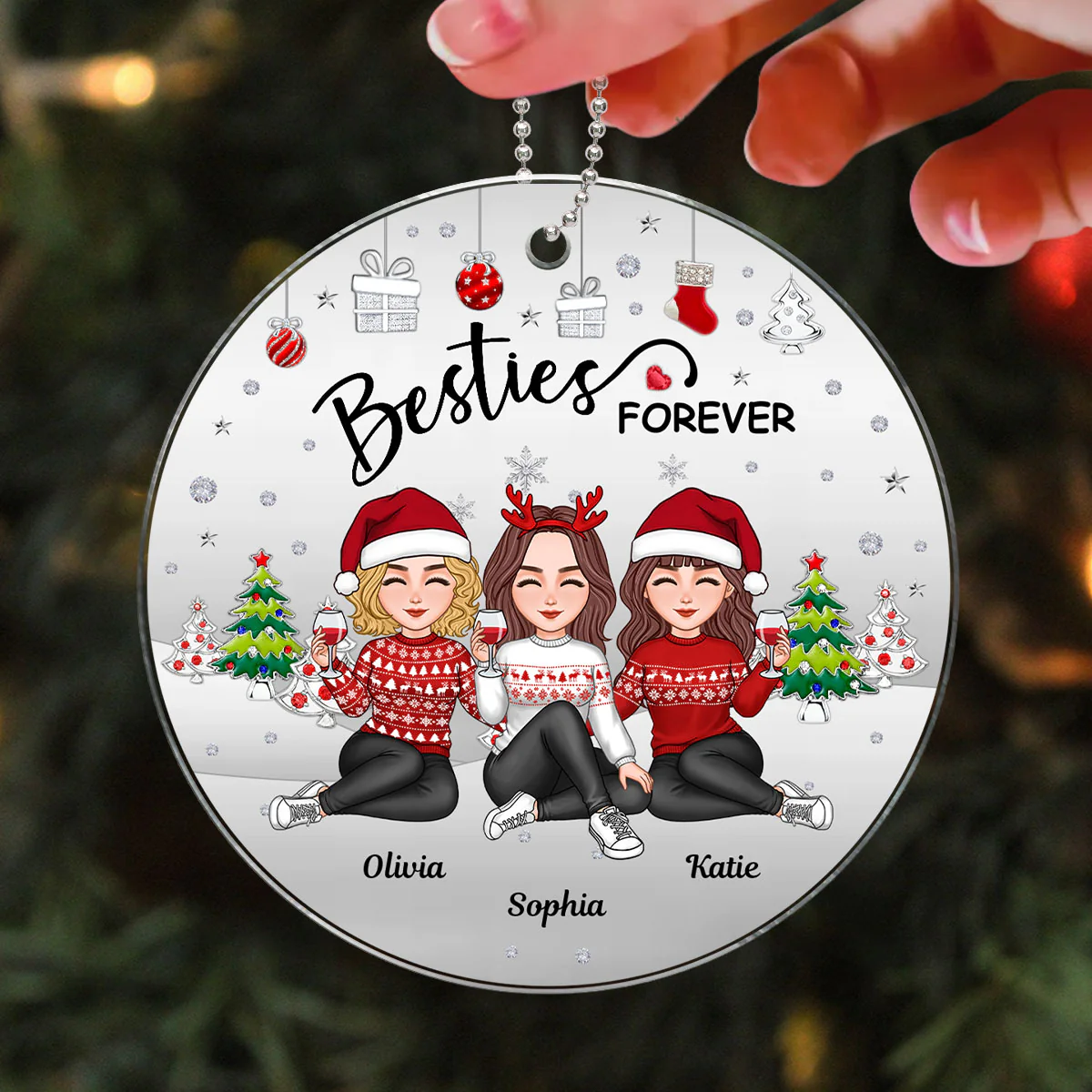 Metal Texture Besties Sisters Sitting Together Christmas Gift Personalized Acrylic Ornament - Image 3