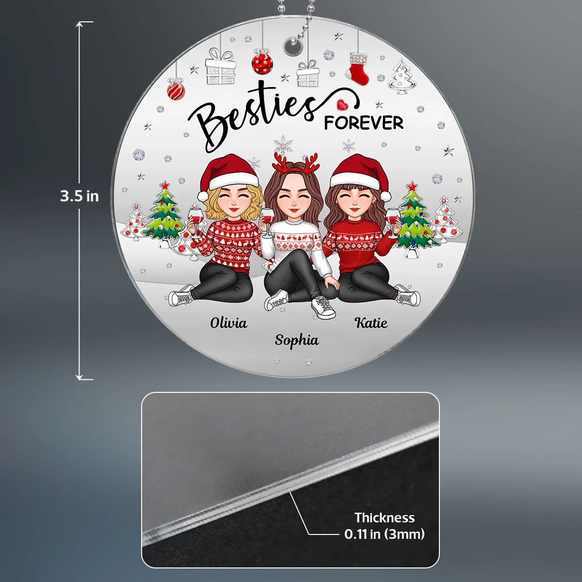 Metal Texture Besties Sisters Sitting Together Christmas Gift Personalized Acrylic Ornament - Image 4