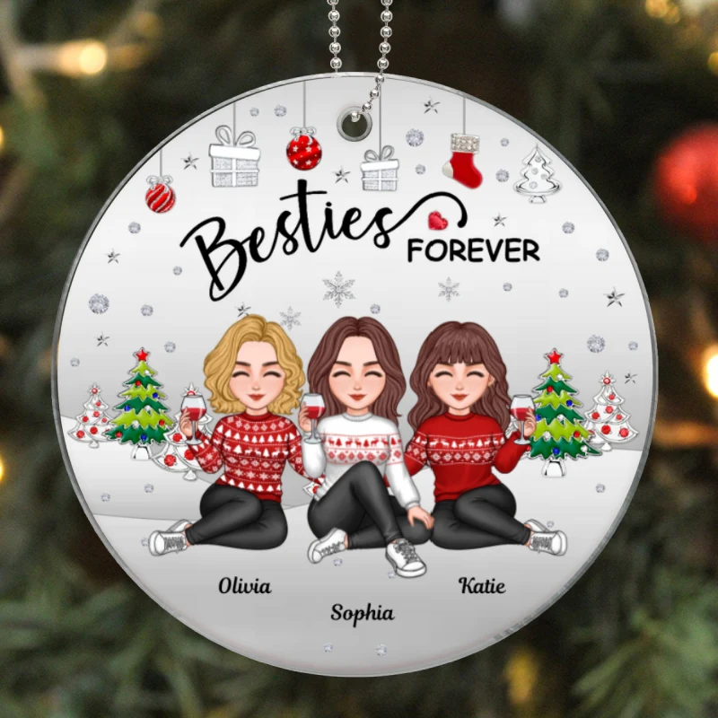 Metal Texture Besties Sisters Sitting Together Christmas Gift Personalized Acrylic Ornament - Image 5