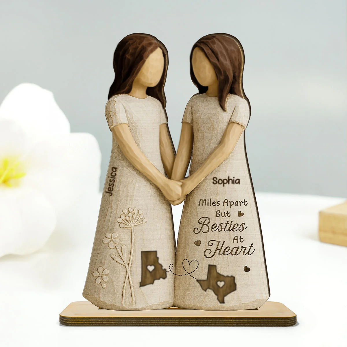 Miles Apart Besties At Heart 3D Effect Personalized Standing Wooden Plaque, Birthday Gift, Long Distance Friendship Gift for Best Friends - Image 12