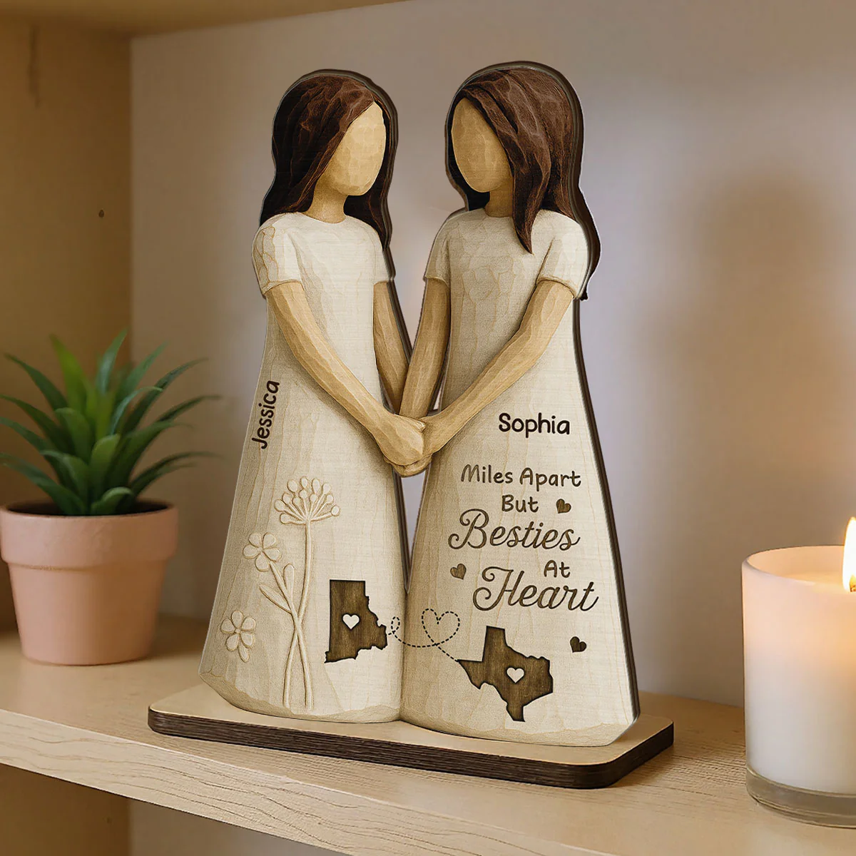 Miles Apart Besties At Heart 3D Effect Personalized Standing Wooden Plaque, Birthday Gift, Long Distance Friendship Gift for Best Friends - Image 3