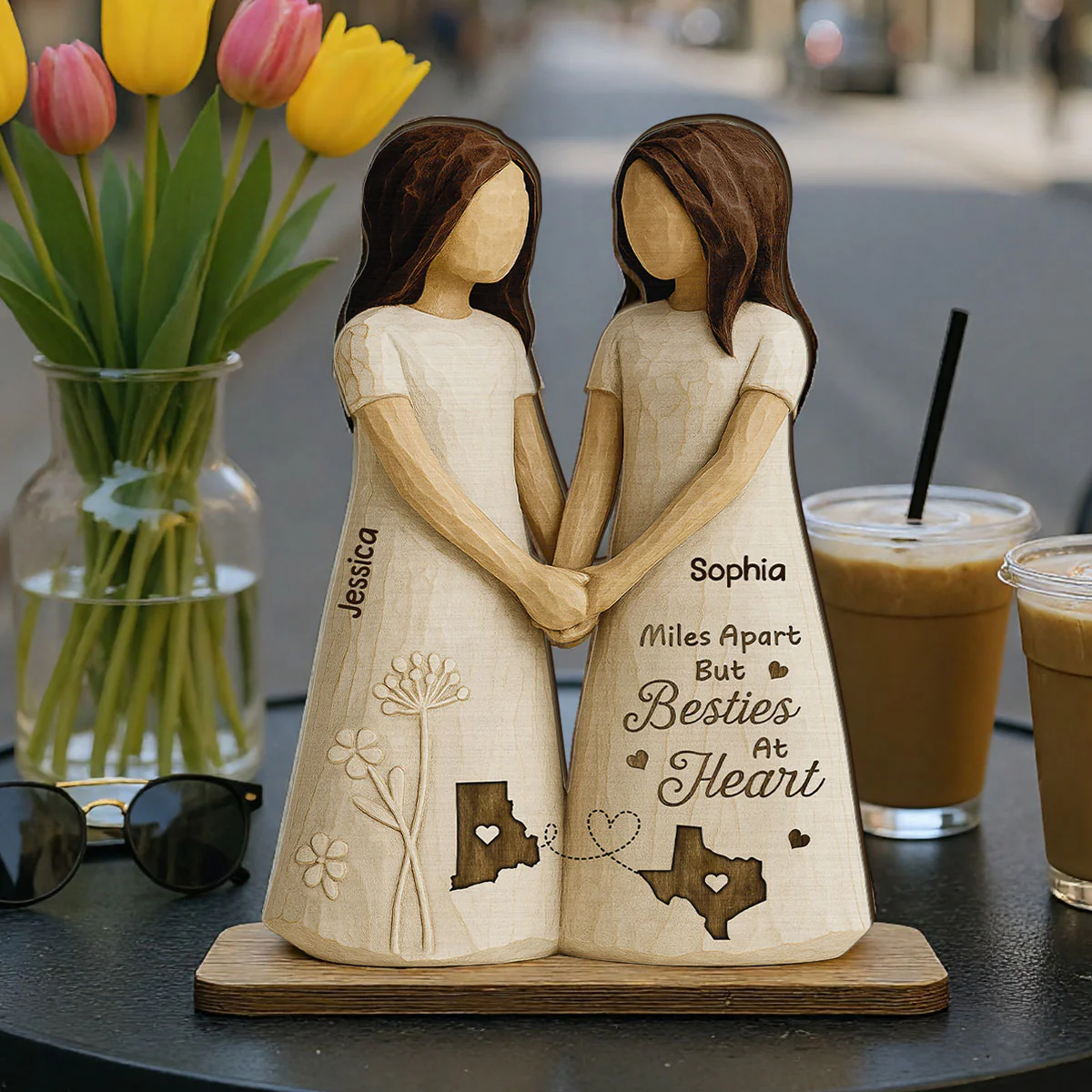 Miles Apart Besties At Heart 3D Effect Personalized Standing Wooden Plaque, Birthday Gift, Long Distance Friendship Gift for Best Friends - Image 4