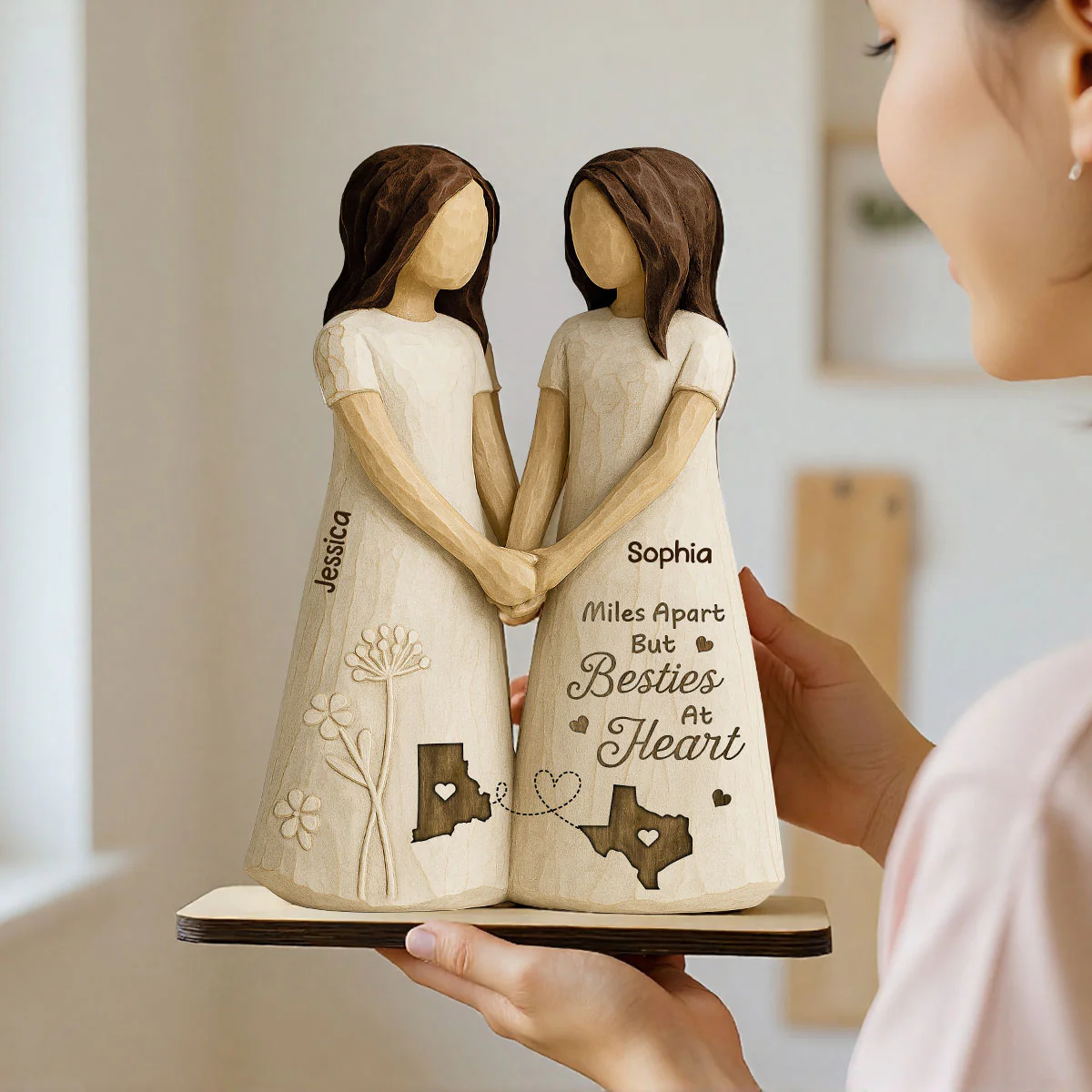Miles Apart Besties At Heart 3D Effect Personalized Standing Wooden Plaque, Birthday Gift, Long Distance Friendship Gift for Best Friends - Image 5