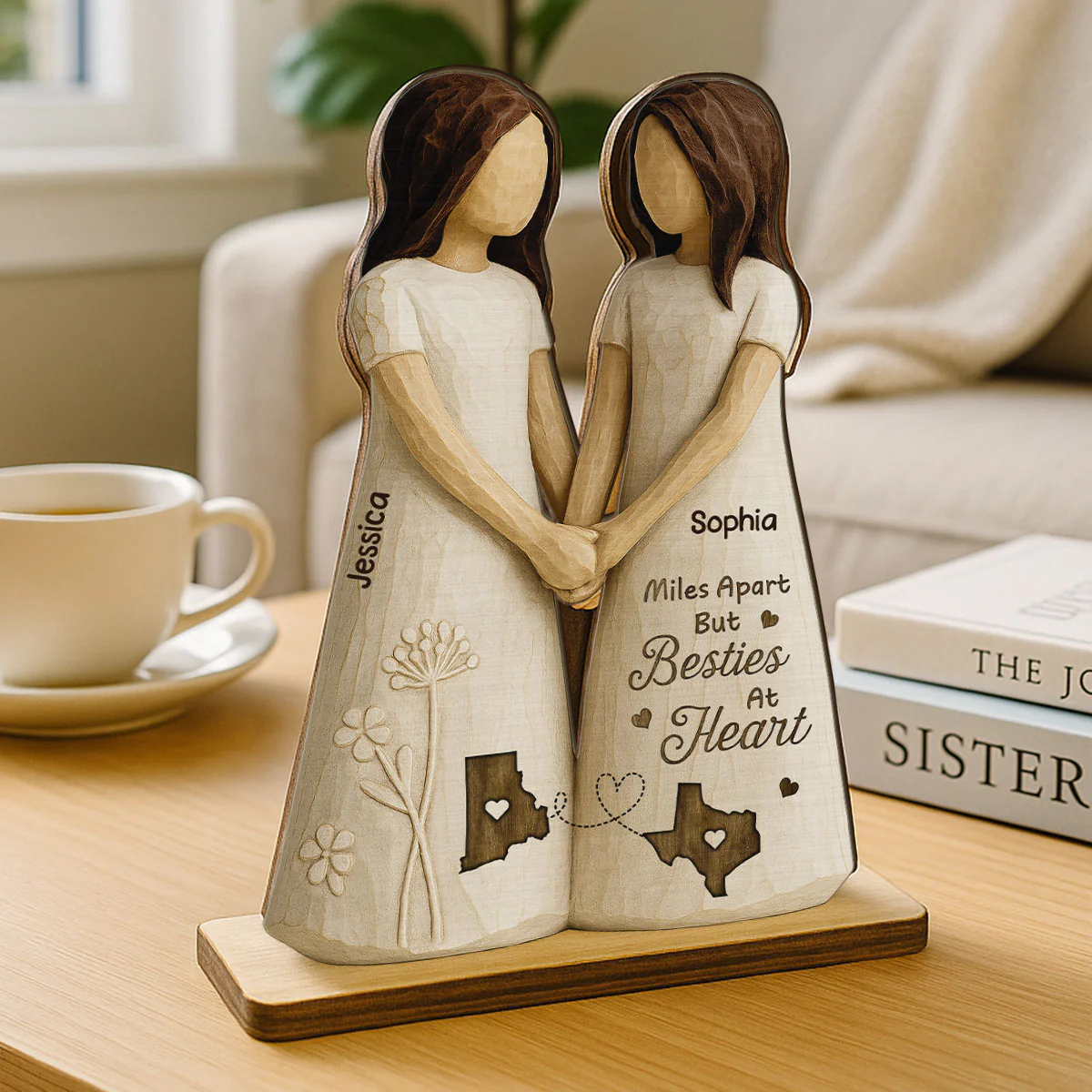 Miles Apart Besties At Heart 3D Effect Personalized Standing Wooden Plaque, Birthday Gift, Long Distance Friendship Gift for Best Friends - Image 6