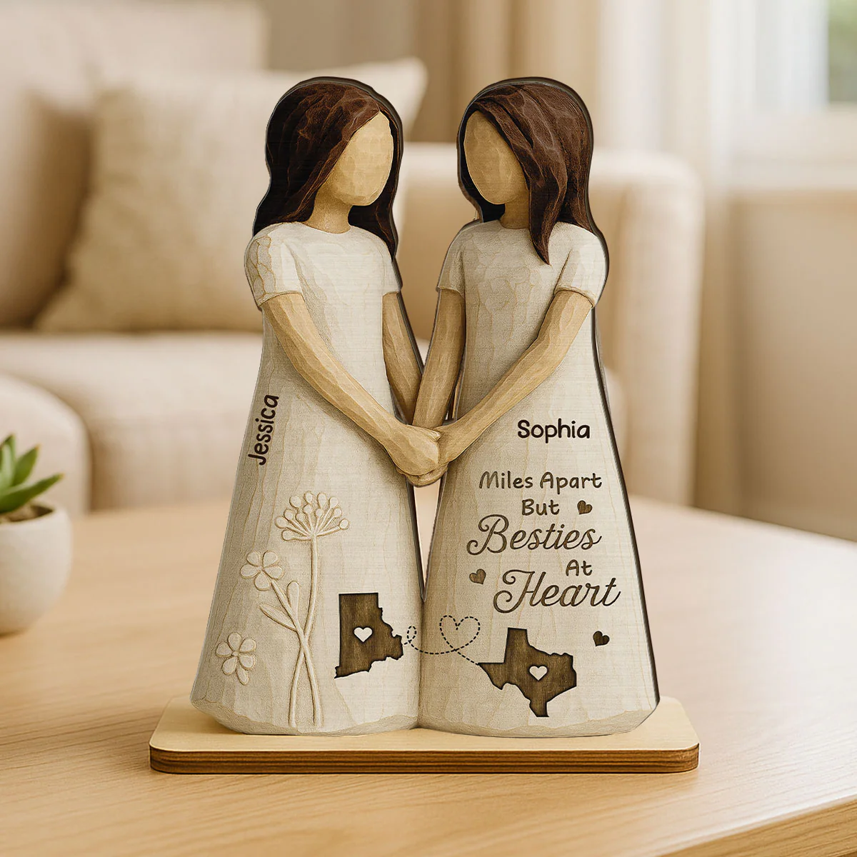 Miles Apart Besties At Heart 3D Effect Personalized Standing Wooden Plaque, Birthday Gift, Long Distance Friendship Gift for Best Friends - Image 7