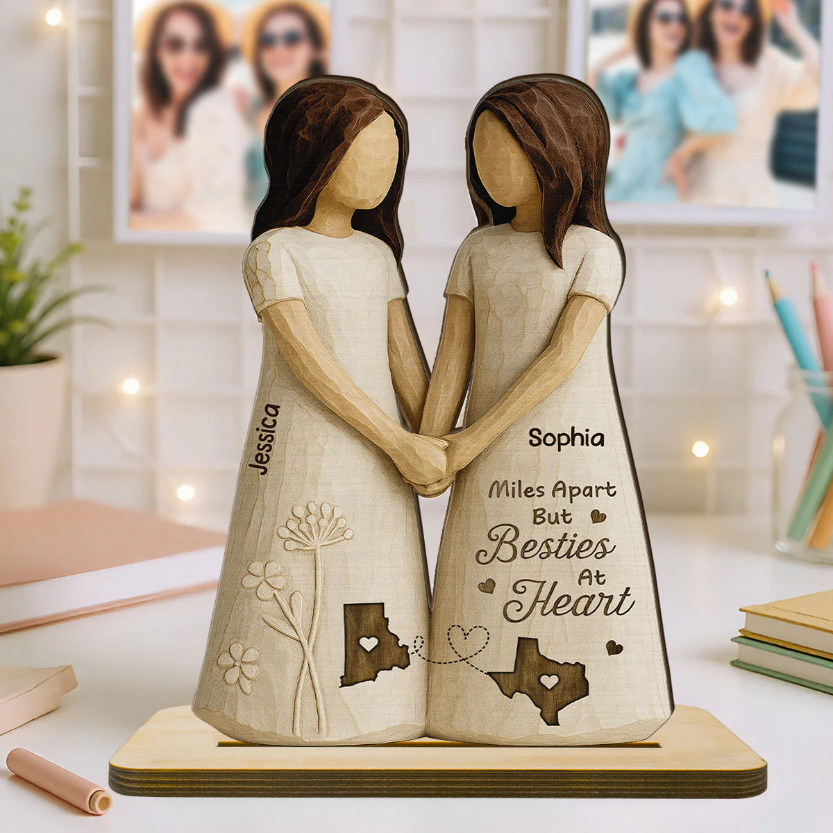 Miles Apart Besties At Heart 3D Effect Personalized Standing Wooden Plaque, Birthday Gift, Long Distance Friendship Gift for Best Friends - Image 8