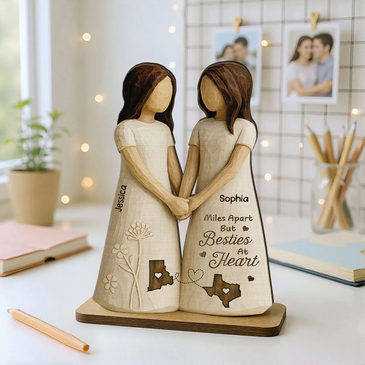 Miles Apart Besties At Heart 3D Effect Personalized Standing Wooden Plaque, Birthday Gift, Long Distance Friendship Gift for Best Friends - Image 9